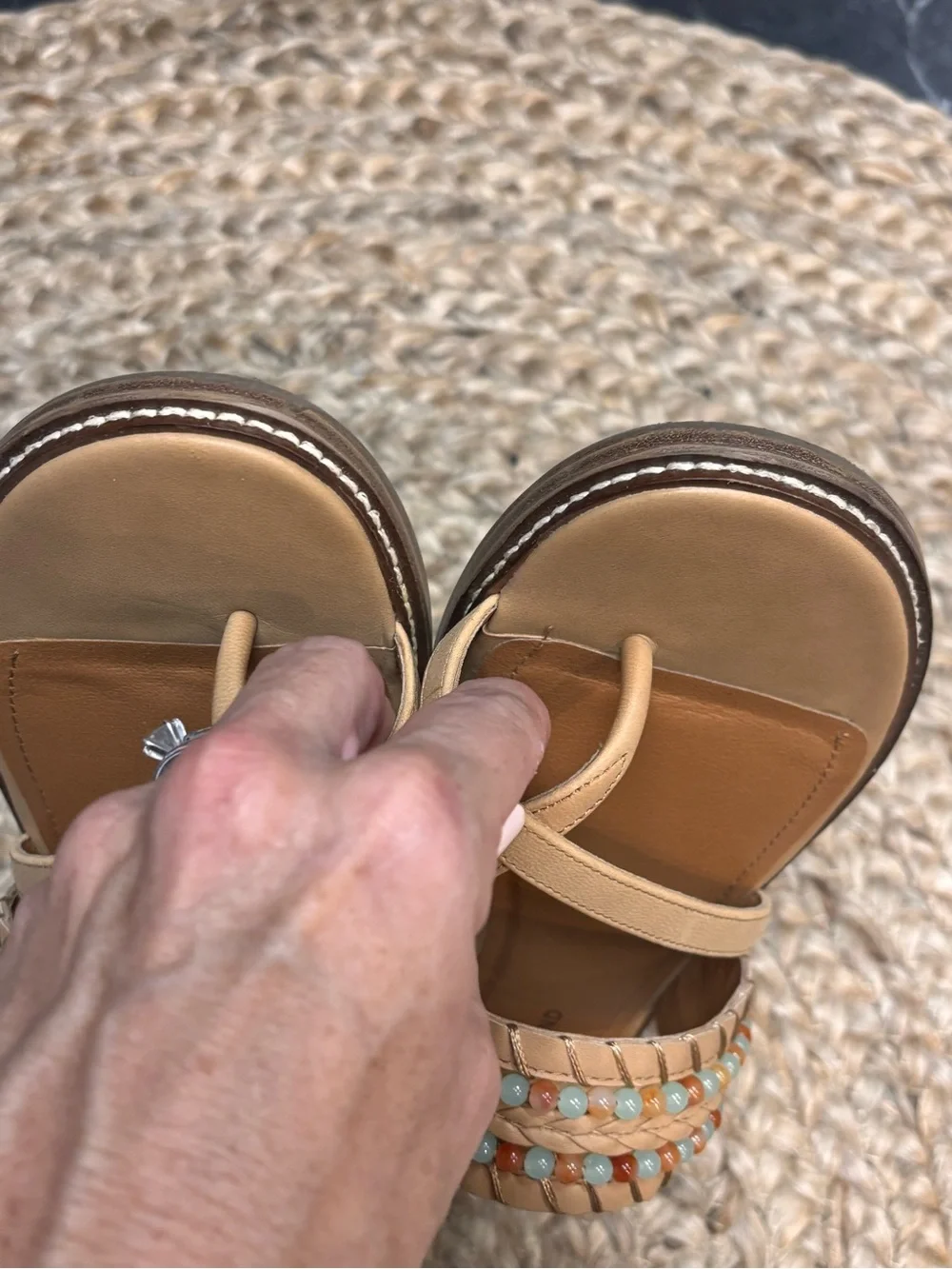 Lucky Brand Tan Beaded Leather Slide Sandals - Picture 4 of 7